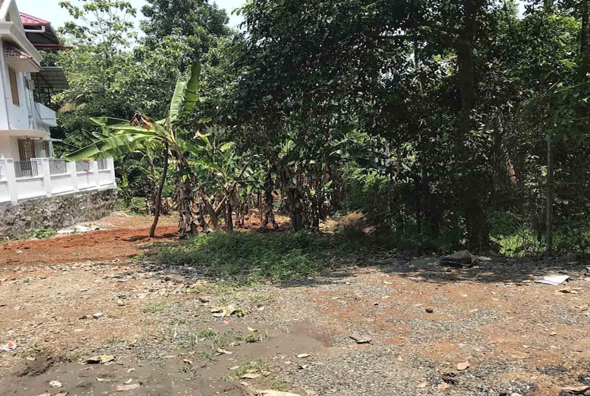 Flood-free residential land for sale near TK Road Highway, Thiruvalla, featuring a leveled gravel entrance, banana trees, and an adjacent modern white house.