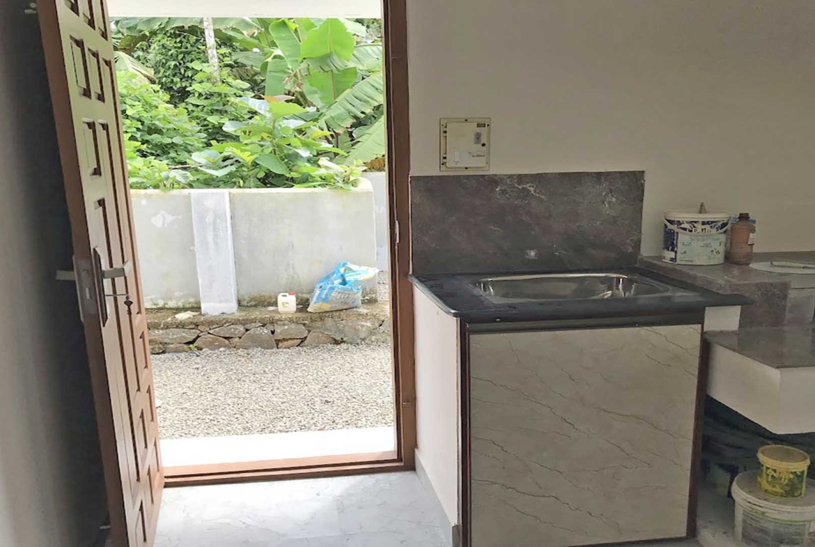 Spacious kitchen work area and utility space with a stainless steel sink, granite countertop, and backyard access in a 4-bedroom house for sale in Thiruvalla.