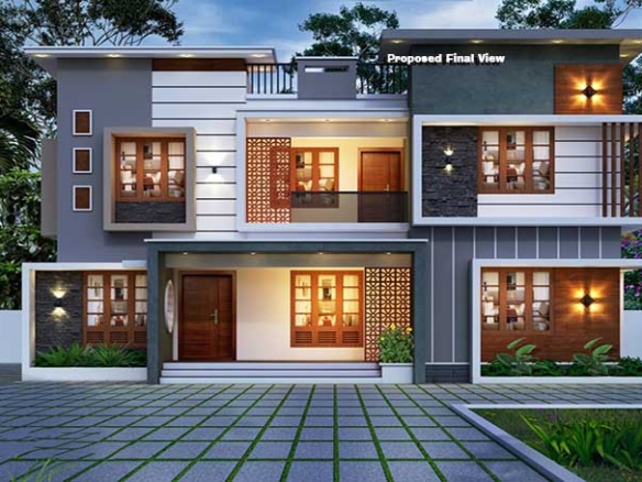 This is a proposed final view of a new four-bedroom, two-storey house for sale in Thiruvalla, Kerala, featuring an east view face (a traditional belief in Kerala for prosperity), contemporary lighting and landscaping. The background includes dense, lush greenery and trees, creating an attractive vibe.