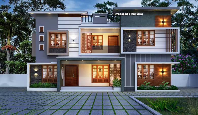 This is a proposed final view of a new four-bedroom, two-storey house for sale in Thiruvalla, Kerala, featuring an east view face (a traditional belief in Kerala for prosperity), contemporary lighting and landscaping. The background includes dense, lush greenery and trees, creating an attractive vibe.