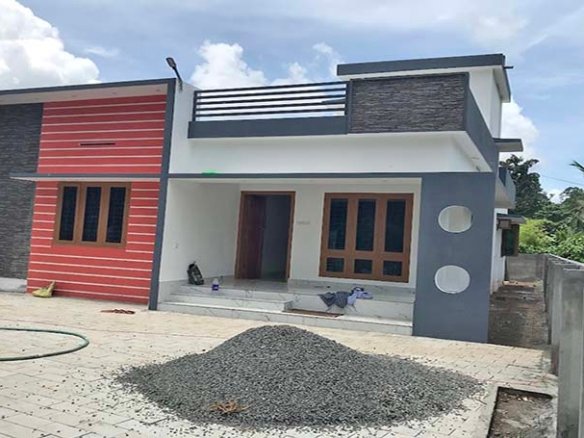 New single-floor two-bedroom villa for sale in Chengannur, Kerala, with contemporary exterior design, for ₹ 50 Lakh