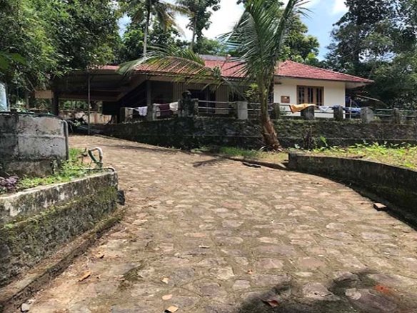 30 cents of sloping land with a 2-bedroom house at the top, a paved driveway leading to the garage, surrounded by lush greenery in Kareelamukk, Thiruvalla