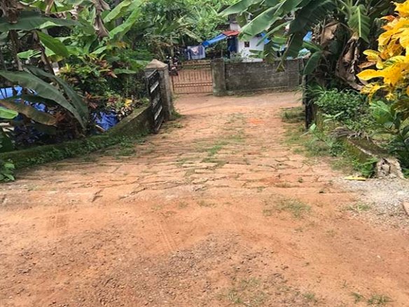 Wide stone-paved entrance way and gate leading to the residential land plot available for sale in Chengannur Kerala.