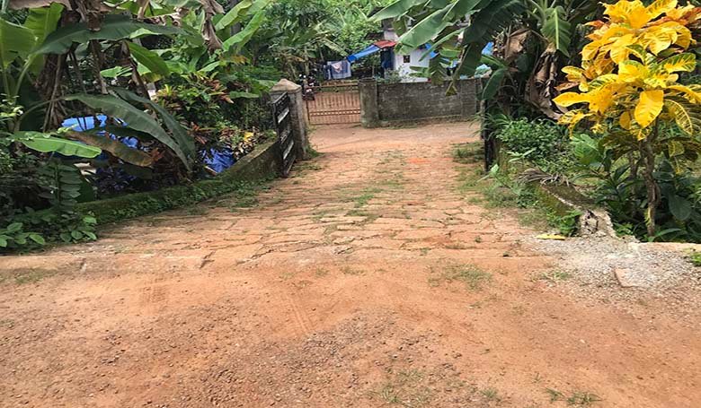 Wide stone-paved entrance way and gate leading to the residential land plot available for sale in Chengannur Kerala.