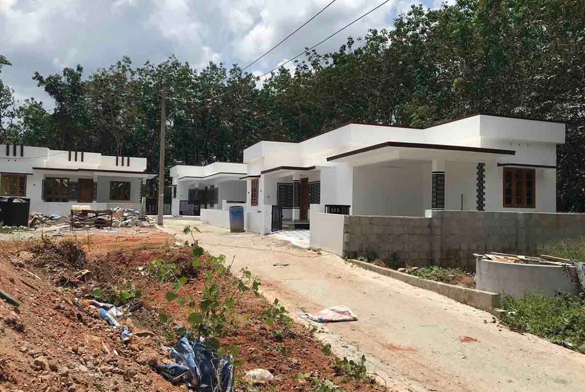 Three contemporary white villas lined up along a common paved access road surrounded by green trees.